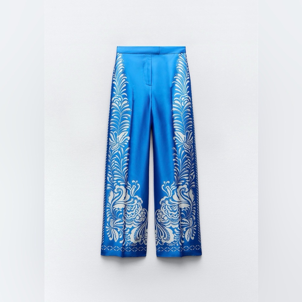 Zara Blue and White Wide-Leg Pants